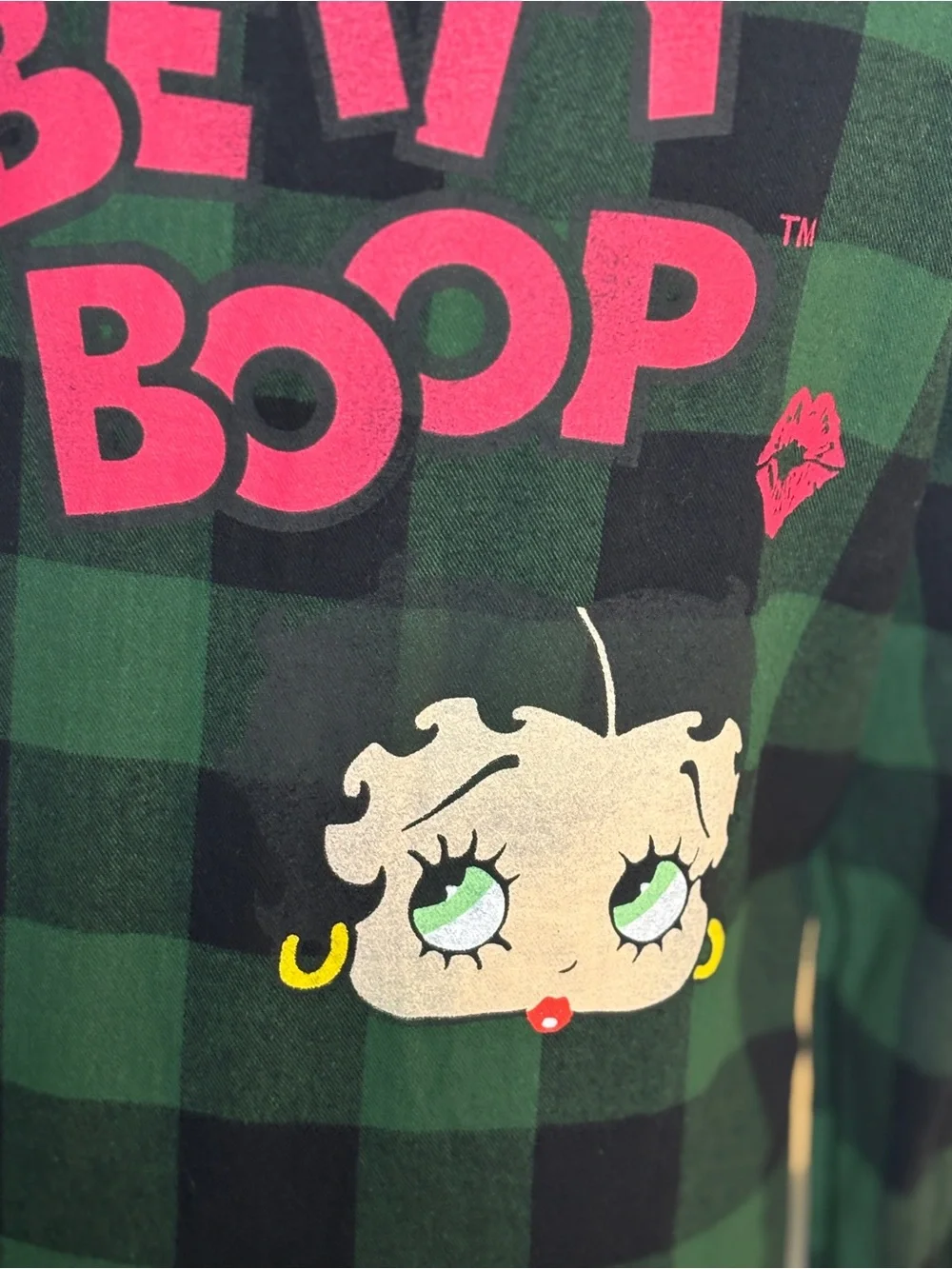 Betty Boop Green Black Buffalo Plaid Flannel Button Front Shirt Size Medium